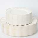 HIGH END 100 Pcs Ivory Wave Plastic Plates with Gold Trim, Fancy Disposable Plate Sets Include 50 Dinner & 50 Dessert Plastic Plates, Elegant Disposable Plate Set For Party, Thanksgiving (30 Guests)