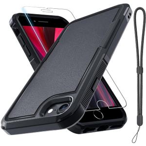 Case for iPhone 8/7/SE 2022 2020, with Screen Protector,Military Grade Heavy Duty Shockproof Phone Cover with Wrist Lanyard Strap for iPhone 8/7/SE 2nd 3rd 4.7 inch,Black Matte