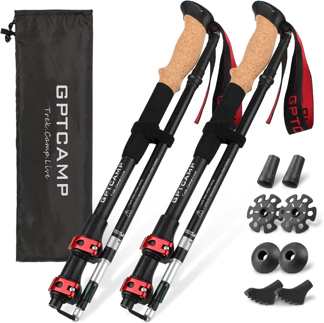 GPTCAMP Walking Sticks,Trekking Poles Collapsible Hiking Poles,Lightweight Folding Travel Walking Pole for Men Women,2pc Adjustable Hiking Stick with EVA Foam Grips for Backpacking (Red)