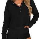 Womens Cropped Sweatshirts Henley V Neck Long Sleeve Button Pullover Lightweight Casual Tops (Medium, Black)
