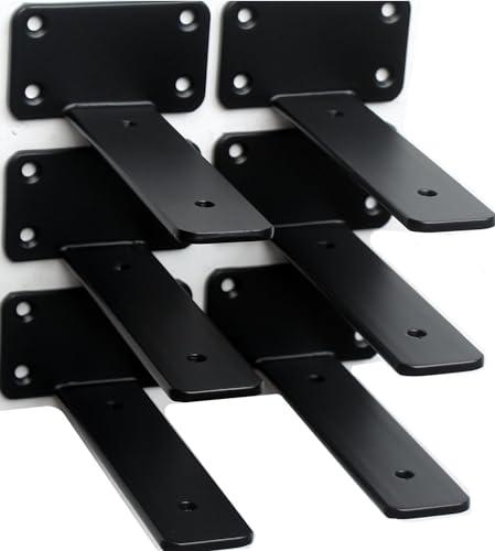 6 Pack - 4 inch Black Hidden L Shelf Bracket (1/5 Inch Thicked) Iron Floating Shelf Brackets Rustic Industrial Metal Brackets for Shelf Support
