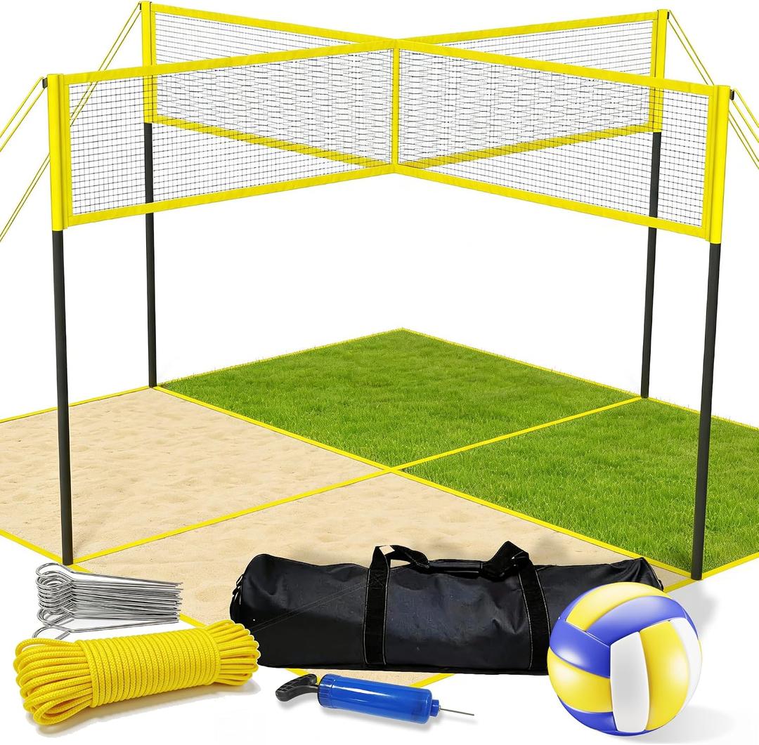 VICHTOP 4 Square Volleyball Game Set - 4 Way Cross Net for Backyard & Beach, Portable Outdoor Volleyball Badminton Combo Net, 4 Person Four Square Volleyball Net with Carrying Bag, Youth