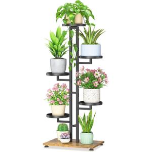 LASZOLA Black 5 Tiered Plant Stand Indoors Heavy Duty Metal Rack, Sturdy Multi Level Shleving Hold Flowers, Larger House Decorate Ladder for Planting Inside Tree Herb Cactus, Wooden Base, Space Saving