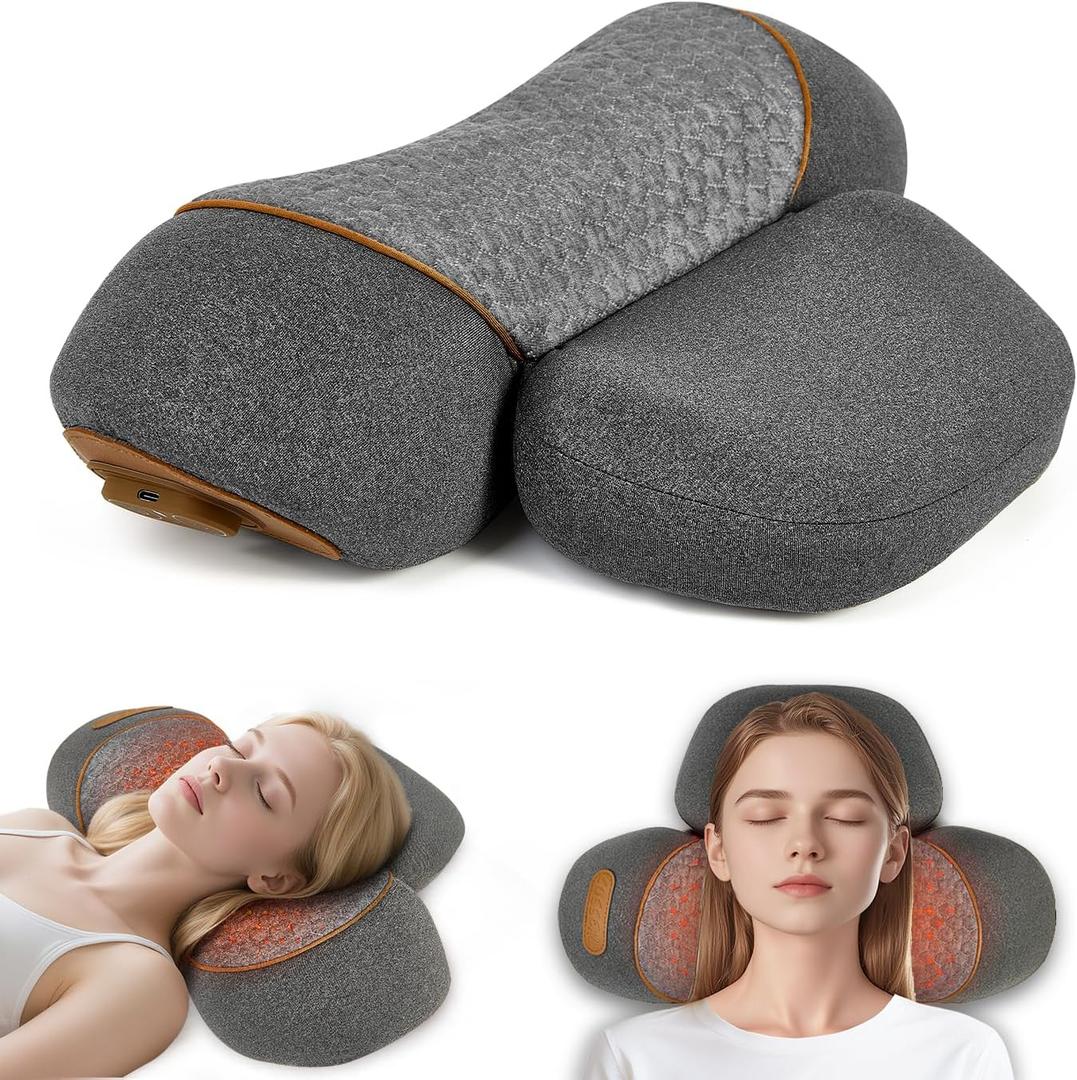 3-in-1 Neck Massager Pillow with Heating & Cervical Traction, Ergonomic Cervical Pillow for Neck Back Shoulder Pain Relief, Rechargeable Neck Pillow (Gray)
