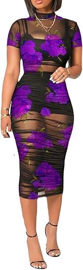 Mojessy Sheer Dress for Women Sexy Short Sleeve Ruched Mesh Bodycon Dress Adjustable Strap Top Mini Skirt 3 Piece Outfits Set (Medium, Purple)