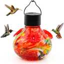 SAVENNA Hand Blown Glass Solar Hummingbird Feeder with Soft Night Light,17oz Leak-Proof Decorative Feeder for Outdoor Garden Patio Yard Ruby Red Phoenix Swirl