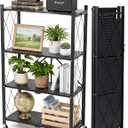 COKIHOM 4 Tier Foldable Storage Shelf, Large Capacity Metal Shelf Rack, Rolling Bookshelf with Wheels, Wire Shelf Organizer for Kitchen, Pantry, Office, Garage, Basement, Black