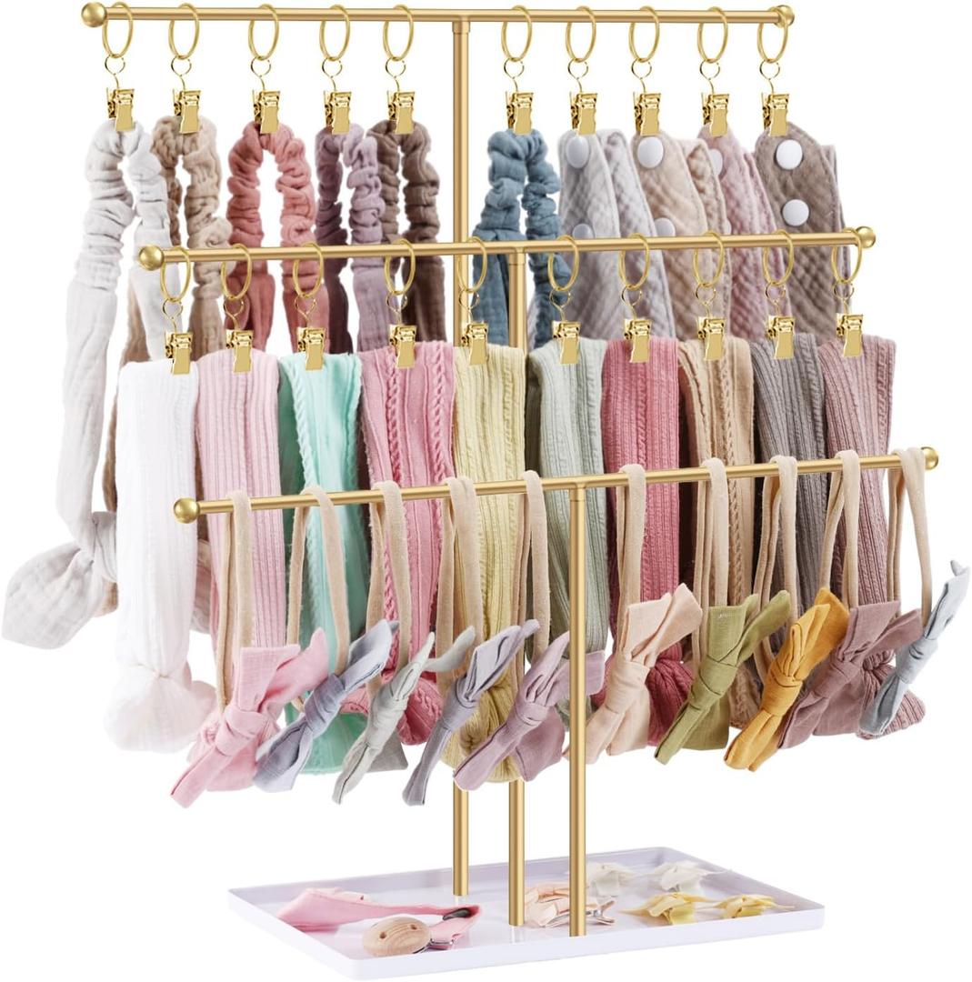 POVETIRE Headband Holder Stand Storage for Baby, 3 Tier Wooden Bow Organizer for Girls Hair Bows, Infant Hair Accessories Rack Display for Nursery Decor