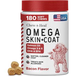 Omega for Dogs - 180 Delicious Soft Chews - Salmon Oil Treats for Skin and Coat, Itch Relief - Fish Oil Blend of Essential Fatty Acids, Omega 3, 6, and 9, and Vitamins - Smoked Bacon Flavor