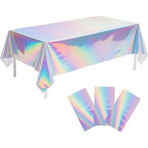 Childom 3 Pack Iridescent Tablecloth,54" x 108" Birthday Party Tablecloths Iridescence Plastic Disposable Table Covers Iridescent Party Decorations,Plastic Tablecloth for Buffet Table,Birthday Decors