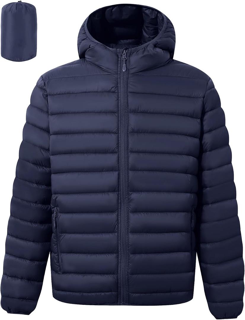 Polu Men's Puffer Jacket with Hood Warm Lightweight Hooded Winter Coat Puffer Jacket for Men Work Outdoor Hiking (Gray, L)