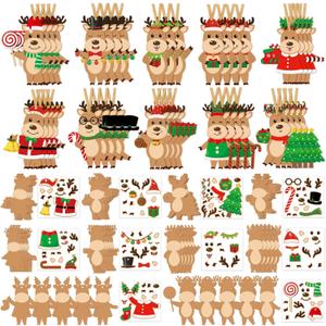 Dianelhall 50 Pcs Christmas Reindeer Craft Kit for Kids DIY Christmas Ornaments Craft Kit Fun Make Your Own Christmas Reindeer Sticker Accessories Craft Project for Xmas Tree Home Class Decoration