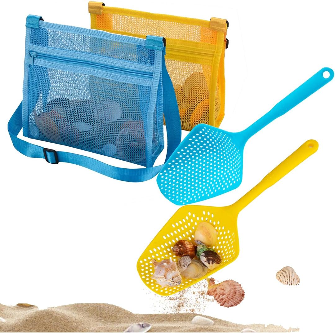 Beach Mesh Shovel with Beach Mesh Bag Beach Shell Bags for Holding Beach Shell, Toys Kids Filter Sand Scooper for Picking Up Shells Shark Tooth Sifter Dipper Beach Toys Accessories (Yellow+blue)