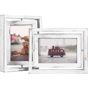 Egofine 2 Pack 4x6 Rotating Floating Picture Frames,Double-Sided Display with HD Glass Front Wooden Distressed Frame for Vertical or Horizontal Tabletop Display, White