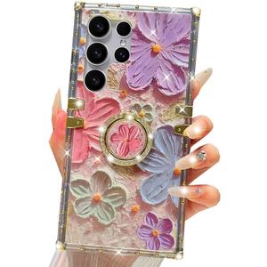 for Samsung Galaxy S25 Ultra Glitter Floral Case, Cute Colorful Retro Oil Painting Printed Flowers with Bling Sparkly Ring Kickstand Shockproof Women Girls Case for Galaxy S25 Ultra,Colorful
