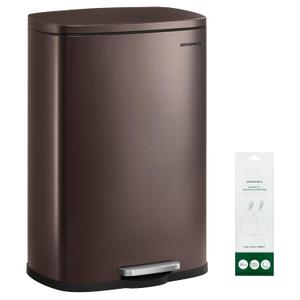 SONGMICS 20-Gallon (75 L) Trash Can, Stainless Steel Kitchen Garbage Can, Recycling or Waste Bin, Soft Close, Step-On Pedal, Removable Inner Bucket, Brown ULTB075MZ01