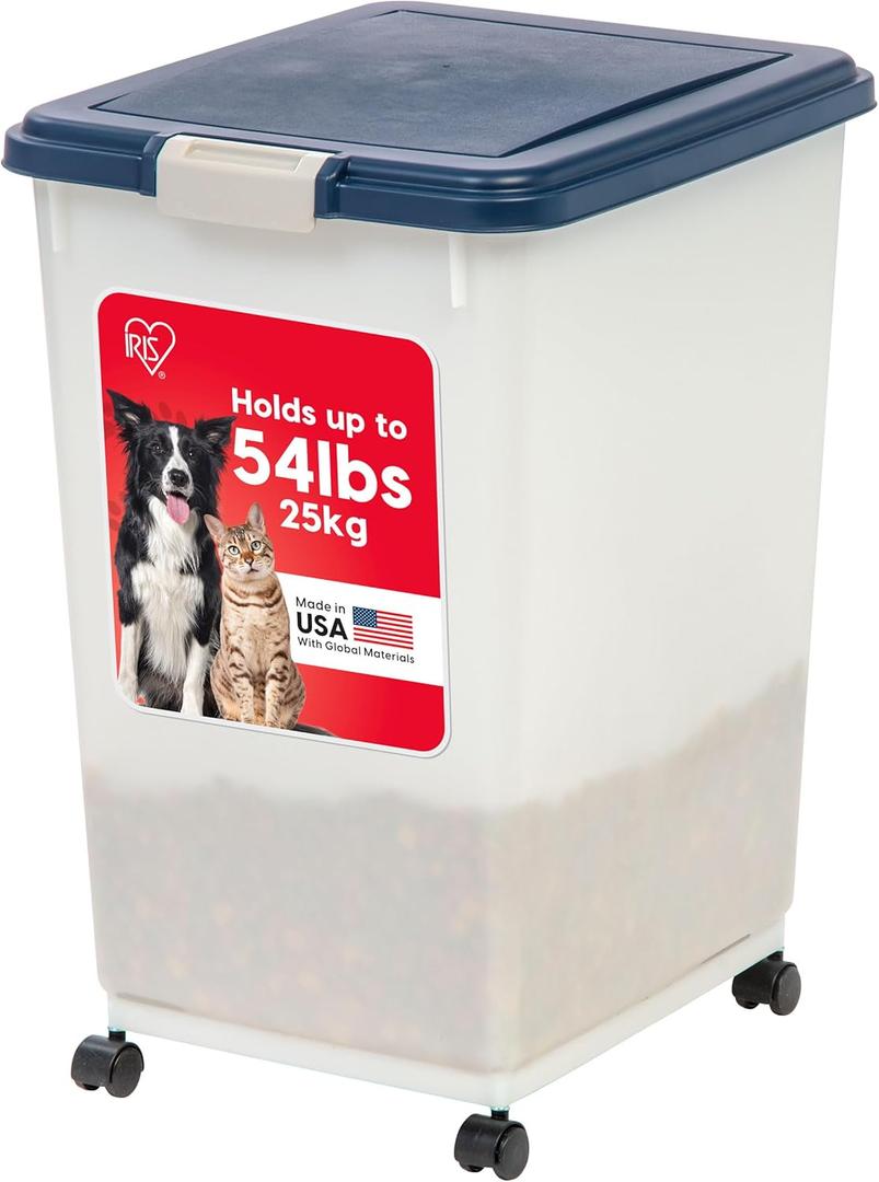 IRIS USA Airtight Pet Food Storage Container, Up to 54 lbs, Attachable Wheels, For Dog Cat Bird and Other Pet Food Storage Bin, Keep Fresh, Easy Mobility, BPA Free, Navy/Pearl IRIS USA Airtight Pet Food Storage Container, Up to 54 lbs, Attachable Wheels, For Dog Cat Bird and Other Pet Food Storage Bin, Keep Fresh, Easy Mobility, BPA Free, Navy/Pearl
