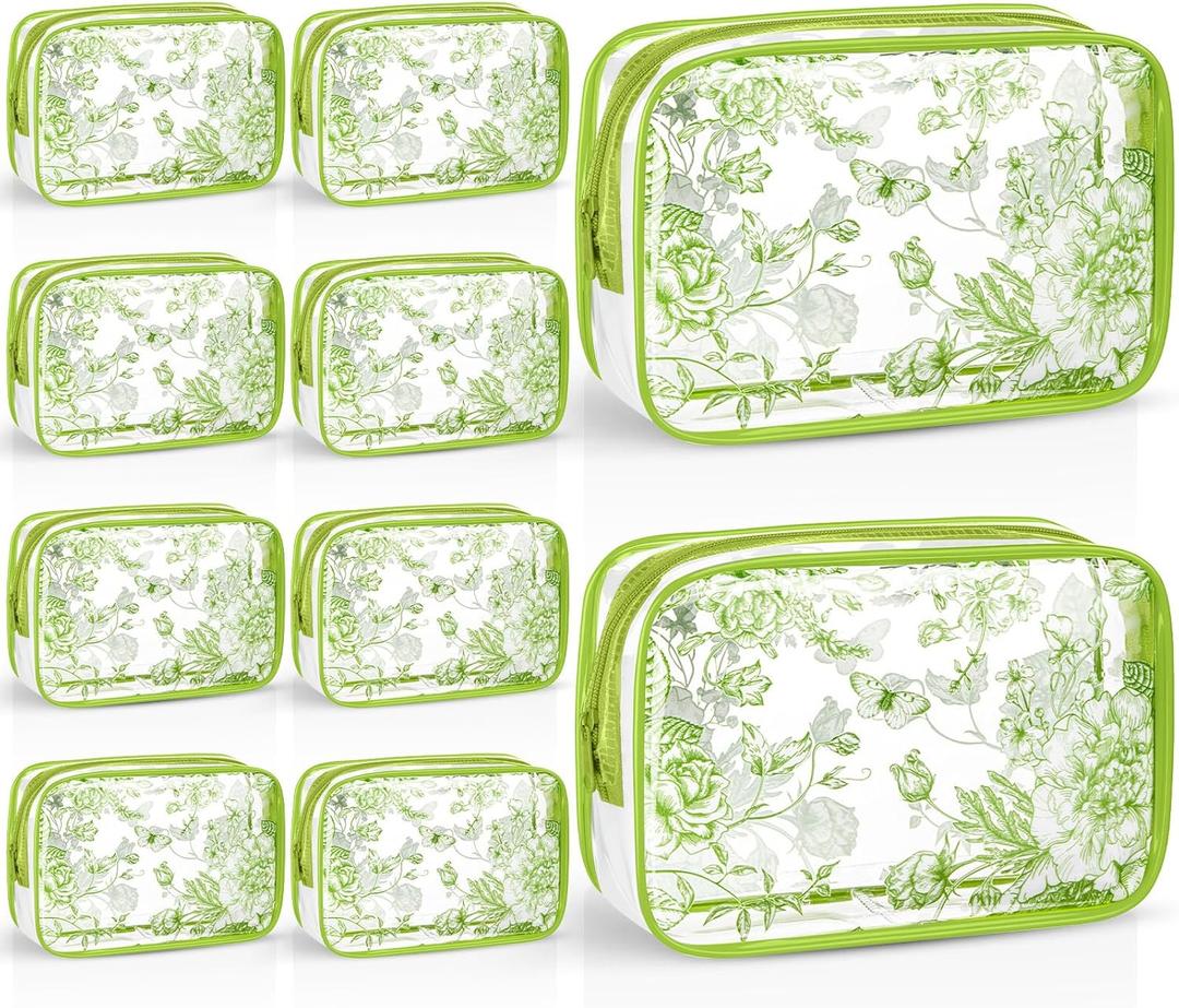 Set of 10 Clear Floral Cosmetic Bags PVC Makeup Bags Waterproof Travel Organizer Toiletry Pouches for Wedding Birthday Baby Shower Party Ideal Gift for Women Nurse Bridesmaid(Sage Green)