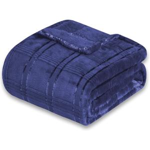 Super Soft Flannel Queen Blanket 90x90 Inches, Premium Checkered Jacquaed Silky Fleece Lightweight Bed Blanket All Season Use, Navy Blue-1 Strip, 90"x90"