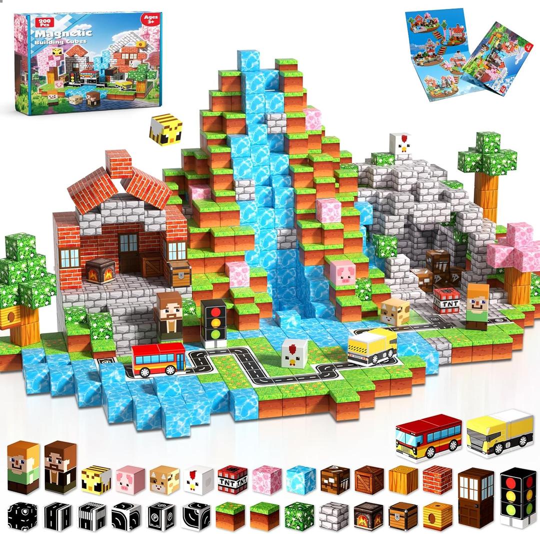 200 PCS 0.8in Magnetic Blocks - Magnet Toys & Magnetic Building Blocks Cubes, Stacking Magnets, STEM Toys for School Acitivities, Birthday Gifts for Boys Age 3+ Years Old (Theme: Forests)