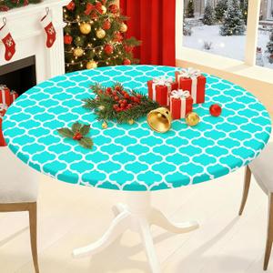 Smiry Round Picnic Tablecloth, Waterproof Elastic Fitted Table Covers for 57" - 68" Tables, Wipeable Flannel Backed Vinyl Tablecloths for Camping, Indoor, Outdoor, Teal & White