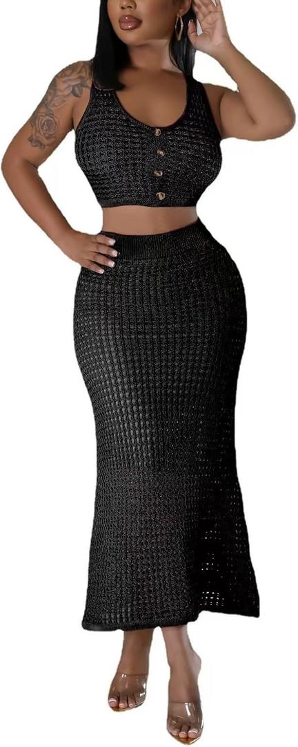 Women Plus Two-Piece Skirt Set Tassel Fishing Net Knittin Hollow Out Off Shoulder Beach Dresses Swimsuit Cover Ups (X-Large Plus, Black)