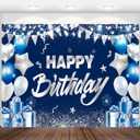 Navy Blue and Silver Happy Birthday Backdrop Banner Birthday Party Decorations Background for Men Women Boys Girls Wall Poster Supplies Fabric Photoshoot Props 10x8ft