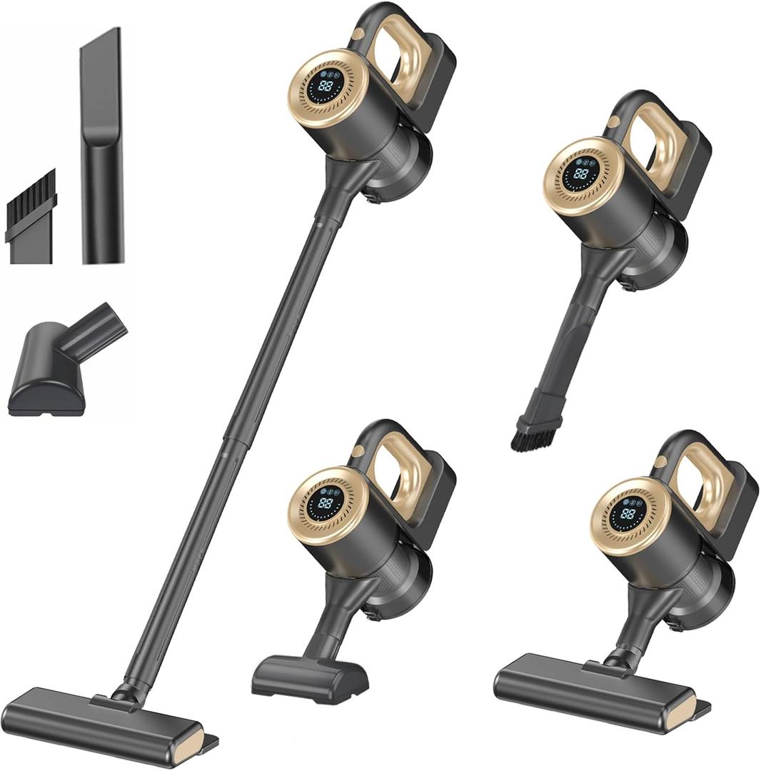 Cordless Vacuum Cleaner, Powerful Suction Vacuum Cleaners for Home, Stick Vacuum Cordless Rechargeable with LED Screen and 3-Speed Suction, Lightweight Vacuum for Hard Floors Carpets Pet Hair, Gold