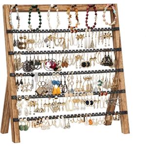 Emfogo Earring Holder Organizer, 6 Tier Earring Display Stand with 285 Holes & 6 Bracelet Rods, Rustic Wood Jewelry Organizer for Earring Bracelet Necklace Ring, Gifts for Women (Rustic)