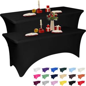 2 Pack 5 Feet Black Spandex Tablecloth for Rectangular Tables, Fitted & Stretch, Washable, Wrinkle Resistant, Perfect for Event, Wedding, Party, Banquet, Cocktail, Festival, and Table Protector