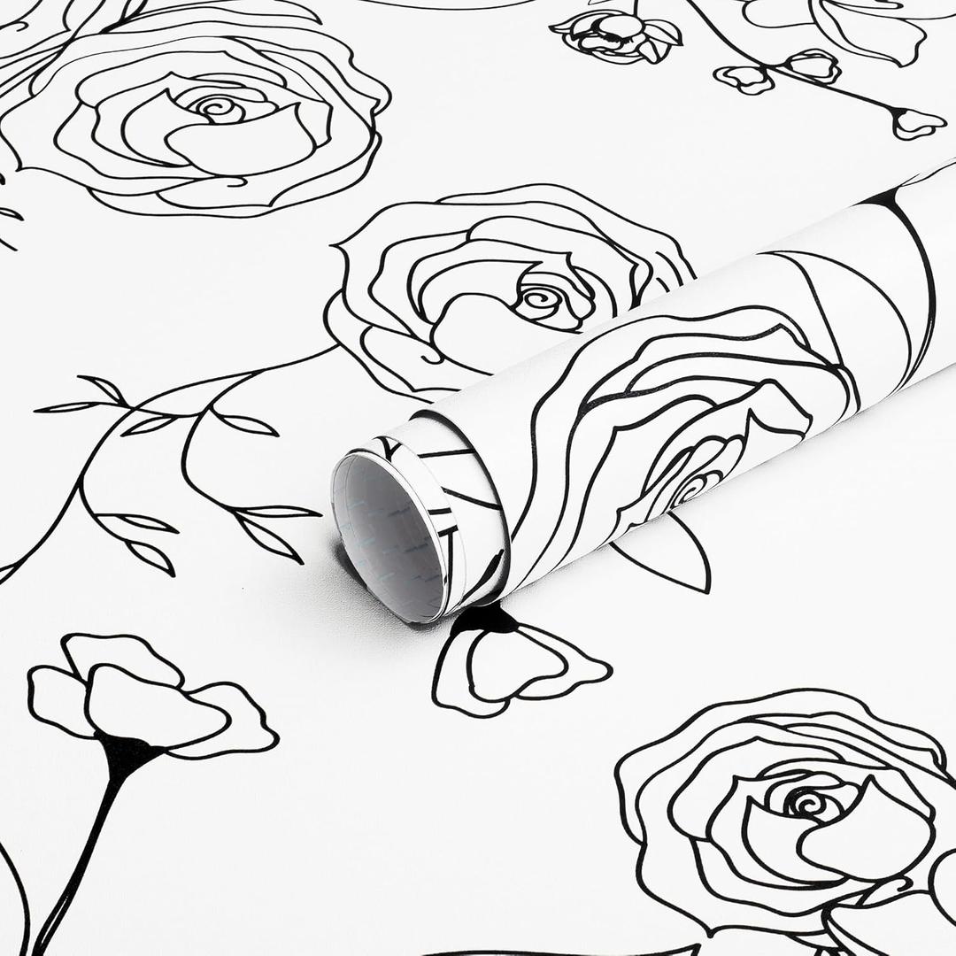 Safiyya 118"x17.3" Peel and Stick Wallpaper Black and White Contact Paper Floral Wallpaper Self Adhesive Removable Wallpaper for Bedroom Covering Vinyl Rolls