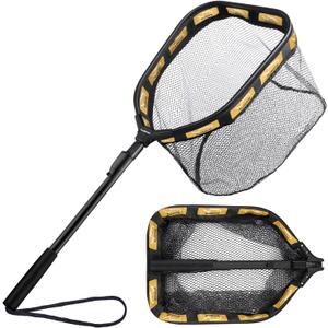 PLUSINNO Floating Fishing Net for Steelhead, Salmon, Fly, Kayak, Catfish, Bass, Trout Fishing, Rubber Coated Landing Net for Easy Catch & Release, Compact & Foldable for Easy Transportation & Storage (11.8/30cm Hoop Size Orange (Fixed Pole))