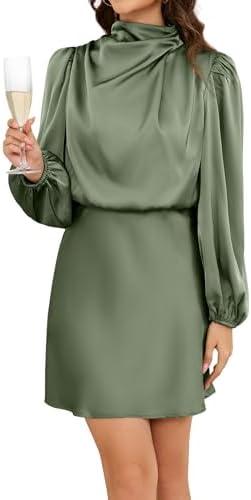 ZTMZA Women's 2025 Fall Long Sleeve Satin Short Dress Elegant Mock Neck Formal Wedding Guest Cocktail Party Mini Dresses S