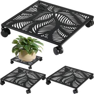 2-pack 13 Inches Square Metal Plant Caddy with Wheels Heavy Duty Large Rolling Plant Stand Indoor Outdoor Wheeled Planter Dolly Cart with Lockable Casters Flower Pot Mover Roller Trolley, Black
