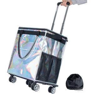 Reusable Grocery Bags on Wheels, Rolling Tote, Portable Shopping Cart for Groceries with Wheels and Drawstring Bag, Trolley, 54L, Foldable, Phantom White