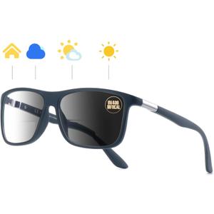 Missfive Photochromic Bifocal Reading Glasses Men Blue Light Protection, Designer Transition Retro Computer Readers Far and Near Dual-Use Lens Stylish Vintage Eyeglasses Matte Gray Eyewear, 1.5x