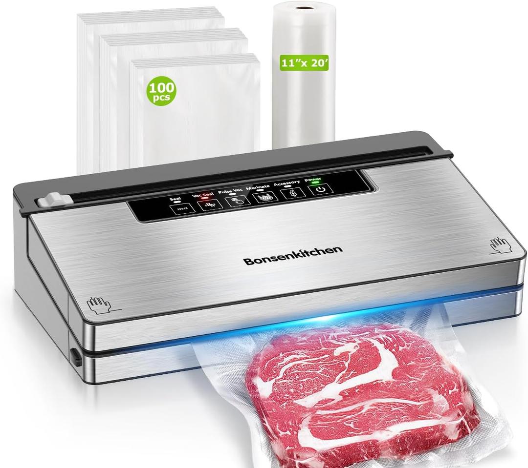 Bonsenkitchen Vacuum Sealer Machine, Stainless Steel Food Sealer Vacuum Sealers with 100 Bags & 1 Roll, 5 Food Vacuum Modes, Built-in Cutter & Bag Storage, Climate Pledge Friendly, Black
