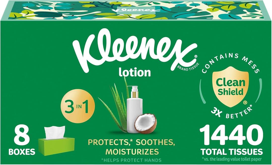 Kleenex Lotion Facial Tissues with Coconut Oil, 8 Flat Boxes, 180 Tissues Per Box, 3-Ply (White)
