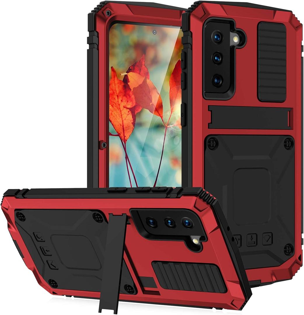 Compatible with Samsung Galaxy S21 Case, Aluminum Metal Gorilla Glass Waterproof Shockproof Military Heavy Duty Sturdy Protector Cover Hard Case (Red)