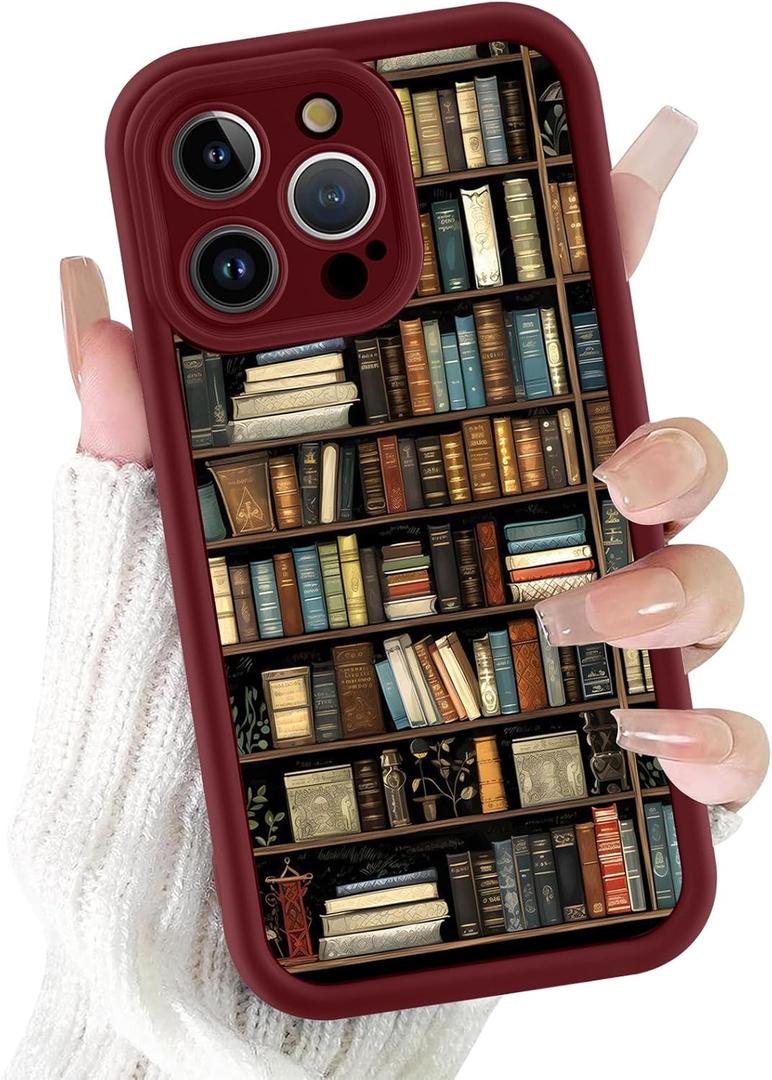 Bookshelf Phone Case for iPhone 16 Pro Max Burgundy Wine Red Vintage Bookcase Style Case 6.9", Cute Aesthetic Fall Autumn Pattern Design Girly Women Cover Shockproof Soft TPU Protective Funda