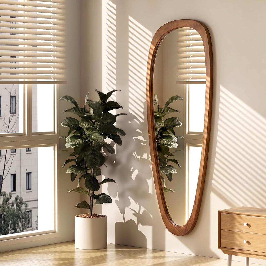EOGOW Asymmetrical Mirror,60" x 22" Unique Irregular Mirror Wall-Mounted Decor for Living Room Bathroom Bedroom Vanity Entryway Hallway(Natural Wooden)