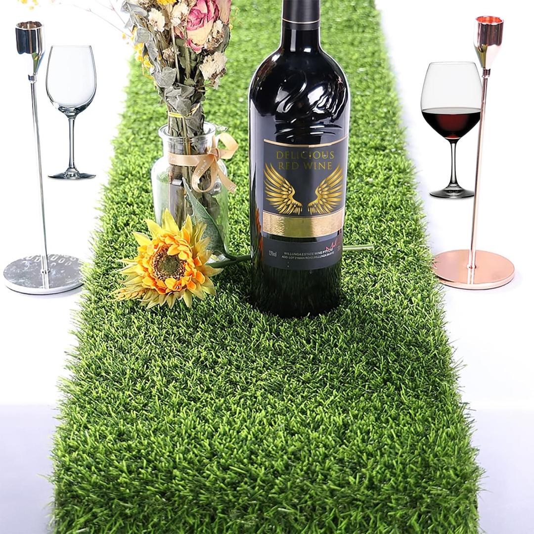 Kesfey Grass Table Runner 12 x 108 Inch Artificial Grass Carpet Rug Green Synthetic Table Runners Thickly Fake Grass Table Runner for Family Christmas Tabletop Decor Golf Party Decorations Baby Shower
