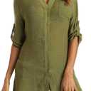 Swimsuit Coverup for Women 2024, V-Neck Beach Button Down Bikini Cover Ups Knee-Above Shirt Tops (XXL, Army Green)