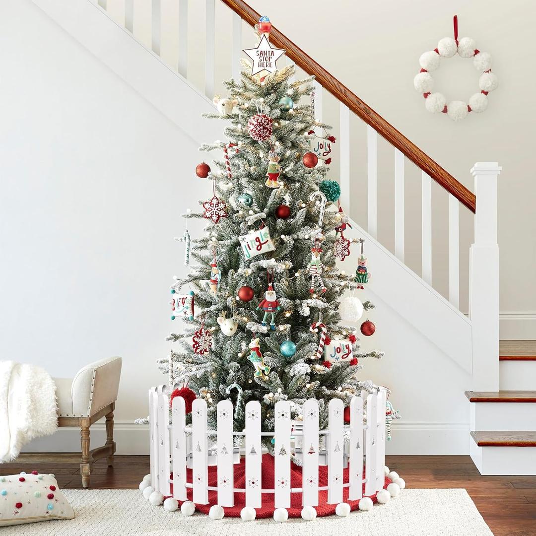 Christmas Tree Fence, Holiday Decoration White Picket Fence Plastic PVC Heavy Duty, Small Fence Panel Around Artificial Real Xmas Trees, Fence Gate to Go, Freestanding Circle Barrier for Toddler Cats