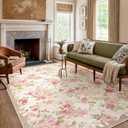 Lahome Floral Washable Rugs 5x7,Rugs for Living Room Pink Area Rug,Vintage Rugs for Bedroom Girls Non Slip Low Pile Ultra-Thin Large Carpet for Farmhouse,Dining Room,Kids Playroom Nina (5'X7',Beige)