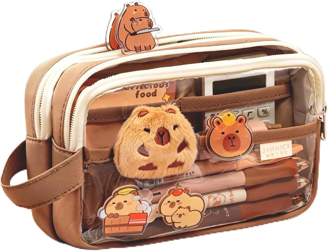 Large Capacity Clear Pencil Case, Waterproof Multi-Layer Pencil Pouch with Capybara Plush and Stickers,Office Supplies Desk Organizer, Big Pen Case for Adults, Cosmetic Bag Travel Stationery Holder