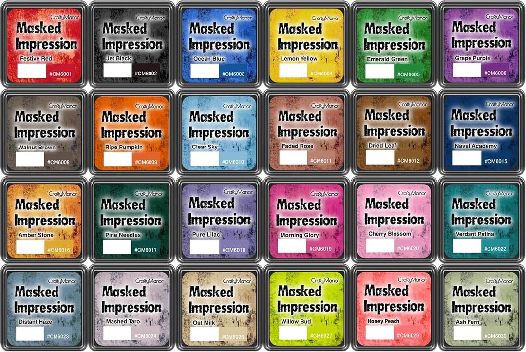 CraftyManor Masked Impression Mini Ink Pads for Stamps, Water Based Smudge Chalk Stamp Pad for Scrapbooking, Journaling, Card Making, DIY Craft Scrapbook Supplies for Adults (24 Colors)
