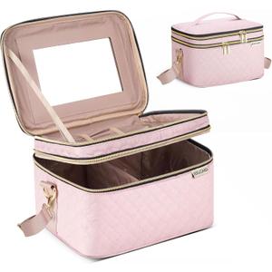 HXLGMD Double Layer Travel Makeup Bag Women, Cosmetic Organizer Case, Travel Essentials Accessories with Shoulder Strap for Bottles, Brushes, Conditioner, Skin Care Products, Pink