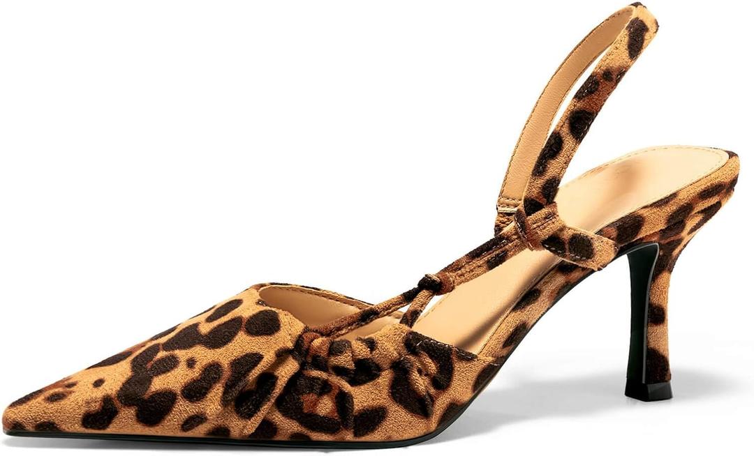 Coutgo Womens Slingback Kitten Heels Closed Pointed Toe Pumps D'Orsay Wedding Party Dress Shoes, Leopard, Size 8