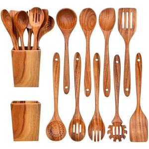 Gudamaye 13 inch Long Wooden Spoons for Cooking, 9 PCS Natural Teak Wooden Kitchen Utensil Set with Utensils Holder Made of Australia Camphor Laurel Wood，Wooden Utensils for Cooking